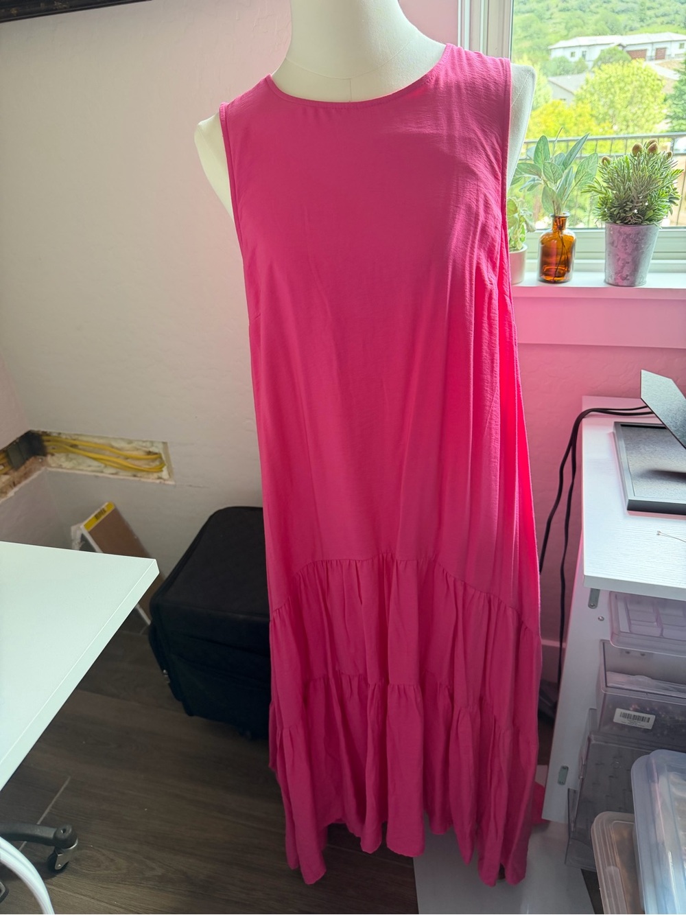 Anthropologie Hot Pink Sleeveless Tiered Maxi Dress. NWOT